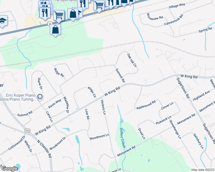 map of restaurants, bars, coffee shops, grocery stores, and more near 893 West King Road in Malvern
