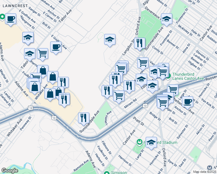 map of restaurants, bars, coffee shops, grocery stores, and more near 873 Granite Street in Philadelphia