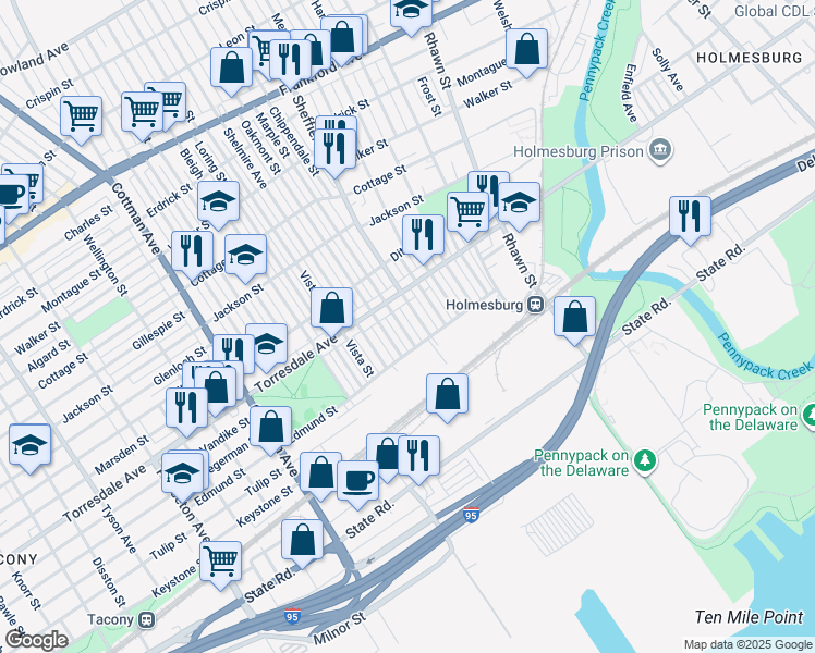 map of restaurants, bars, coffee shops, grocery stores, and more near 4741 Marple Street in Philadelphia