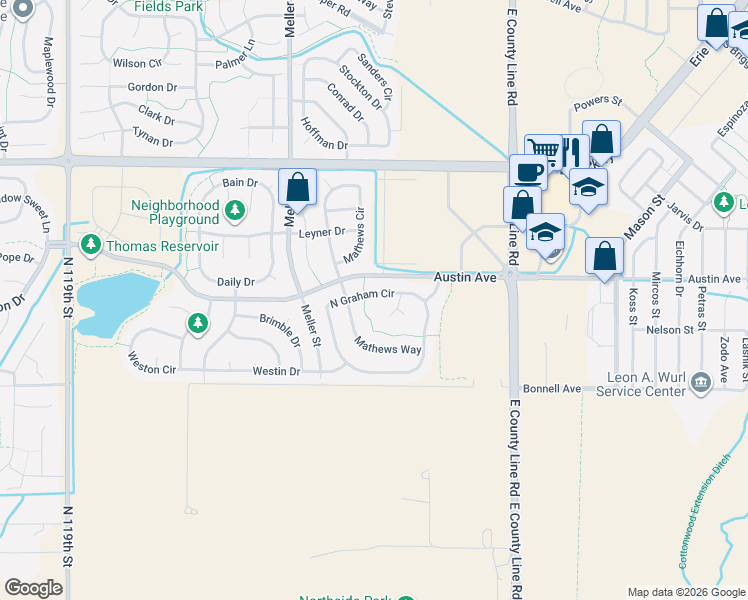 map of restaurants, bars, coffee shops, grocery stores, and more near 1372 North Graham Circle in Erie
