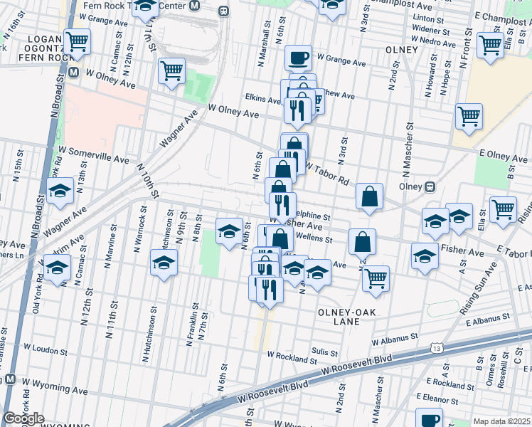 map of restaurants, bars, coffee shops, grocery stores, and more near 531 West Fisher Avenue in Philadelphia