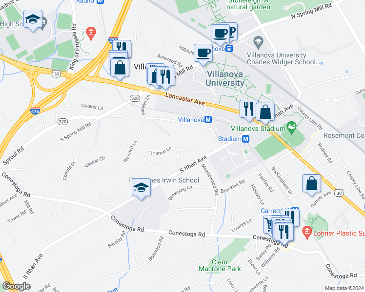 map of restaurants, bars, coffee shops, grocery stores, and more near 228 Trianon Lane in Villanova