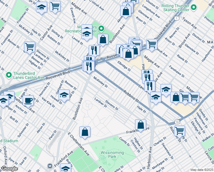 map of restaurants, bars, coffee shops, grocery stores, and more near 2135 McKinley Street in Philadelphia