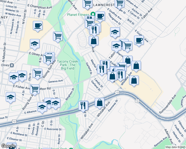 map of restaurants, bars, coffee shops, grocery stores, and more near 695 Garland Street in Philadelphia