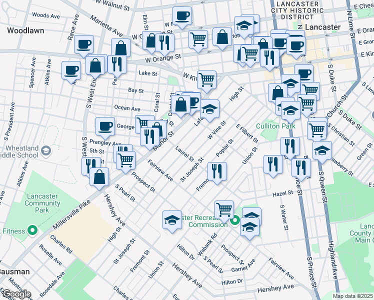 map of restaurants, bars, coffee shops, grocery stores, and more near 674 High Street in Lancaster