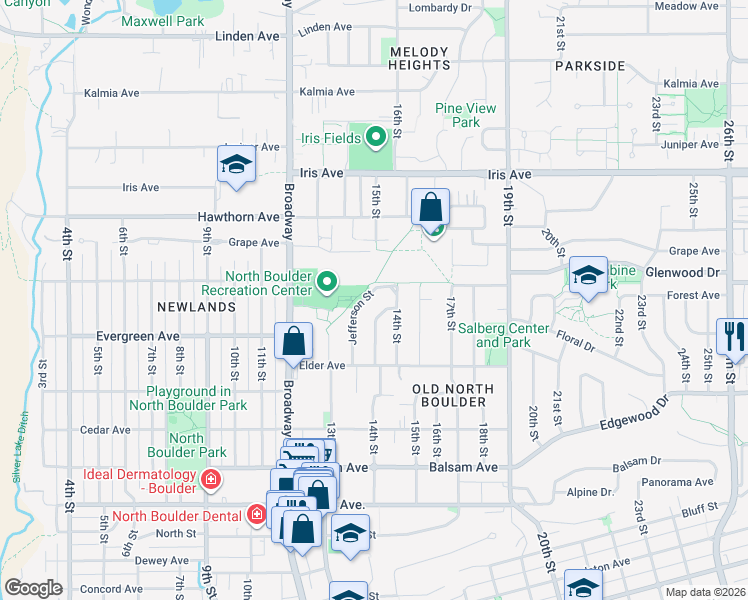 map of restaurants, bars, coffee shops, grocery stores, and more near 3130 Jefferson Street in Boulder