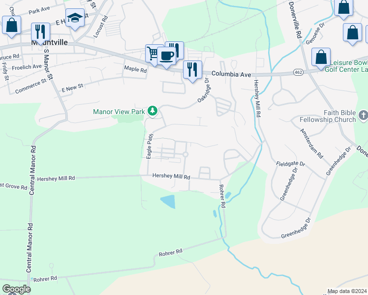 map of restaurants, bars, coffee shops, grocery stores, and more near 204 Landing Circle in Mountville