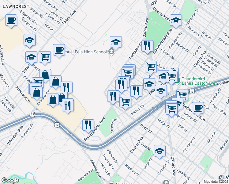 map of restaurants, bars, coffee shops, grocery stores, and more near 874 Granite Street in Philadelphia