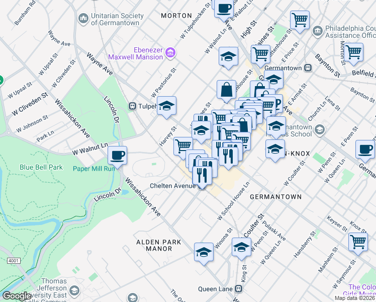 map of restaurants, bars, coffee shops, grocery stores, and more near Pulaski Avenue & West Rittenhouse Street in Philadelphia