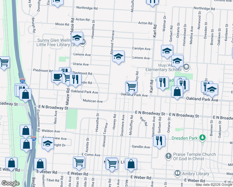 map of restaurants, bars, coffee shops, grocery stores, and more near Oakland Park Avenue in Columbus