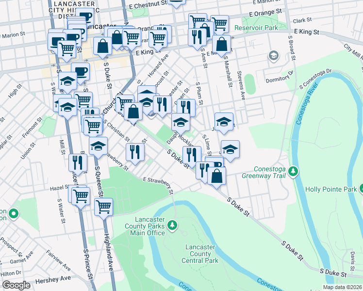 map of restaurants, bars, coffee shops, grocery stores, and more near 630 Rockland Street in Lancaster