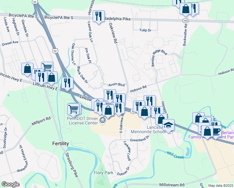 map of restaurants, bars, coffee shops, grocery stores, and more near 20 Acorn Boulevard in Lancaster