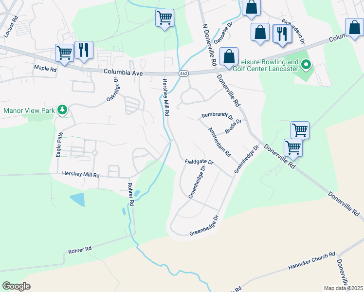 map of restaurants, bars, coffee shops, grocery stores, and more near 100 Fieldgate Dr in Lancaster