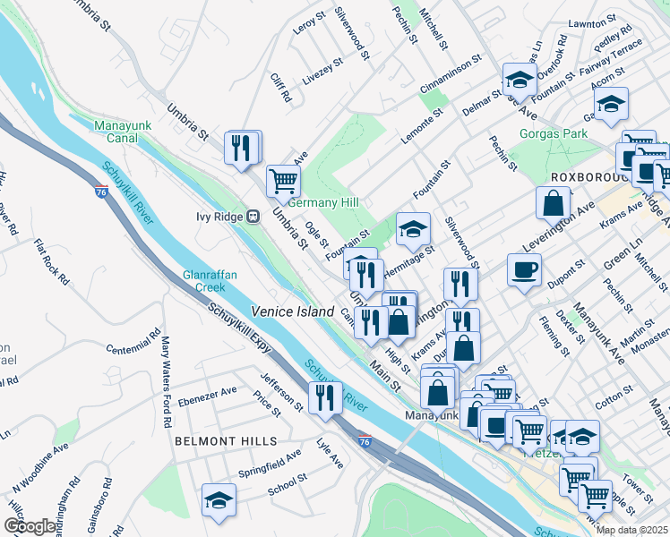 map of restaurants, bars, coffee shops, grocery stores, and more near 4729 Umbria Street in Philadelphia