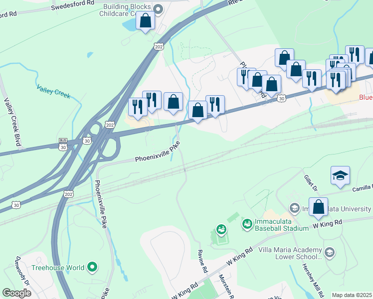 map of restaurants, bars, coffee shops, grocery stores, and more near 3 Ravine Road in Malvern