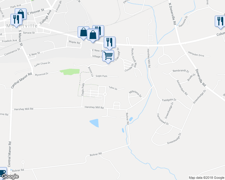 map of restaurants, bars, coffee shops, grocery stores, and more near 447 Talon Drive in Mountville
