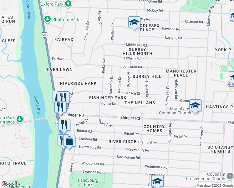 map of restaurants, bars, coffee shops, grocery stores, and more near 3800 Overdale Drive in Columbus