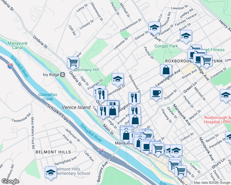 map of restaurants, bars, coffee shops, grocery stores, and more near 241 Hermitage Street in Philadelphia