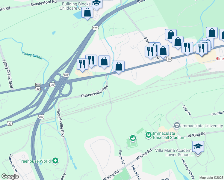 map of restaurants, bars, coffee shops, grocery stores, and more near 3 Ravine Road in Malvern