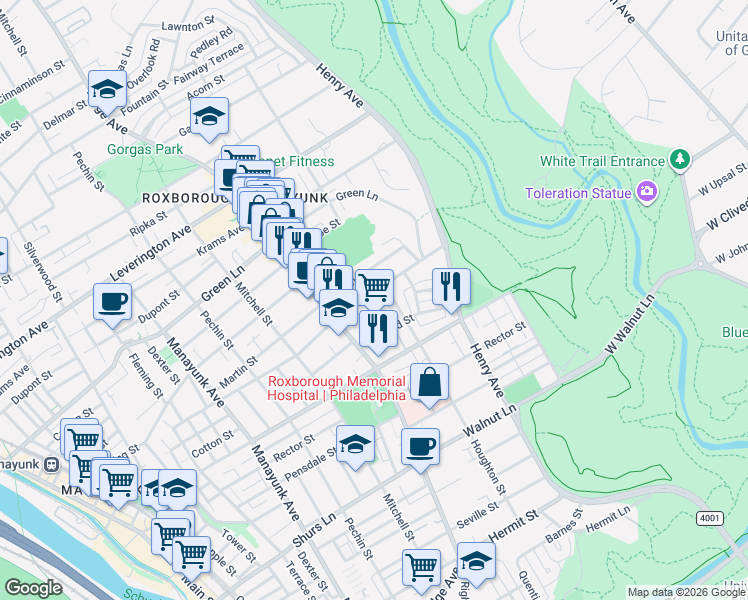 map of restaurants, bars, coffee shops, grocery stores, and more near 521 Monastery Avenue in Philadelphia
