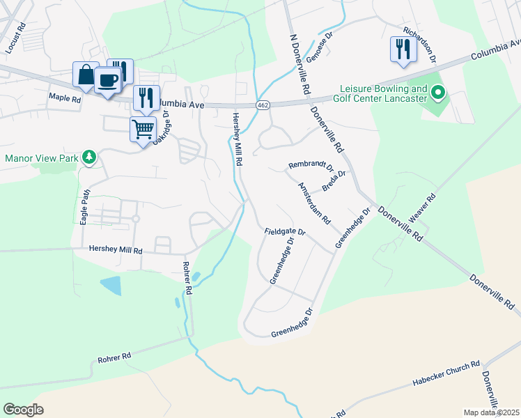 map of restaurants, bars, coffee shops, grocery stores, and more near 100 Fieldgate Dr in Lancaster
