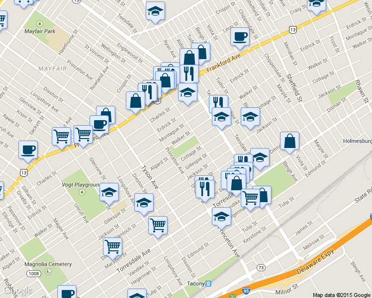 map of restaurants, bars, coffee shops, grocery stores, and more near 4301 Princeton Avenue in Philadelphia