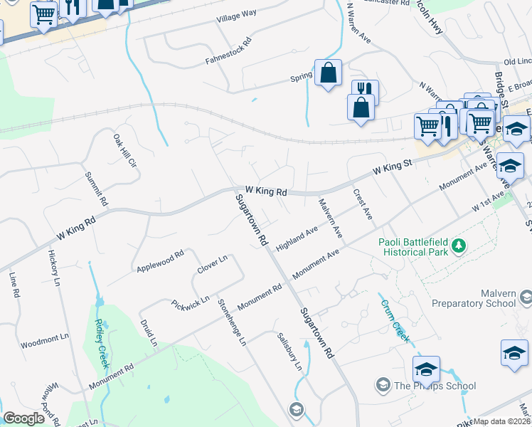 map of restaurants, bars, coffee shops, grocery stores, and more near 402 Raintree Lane in Malvern