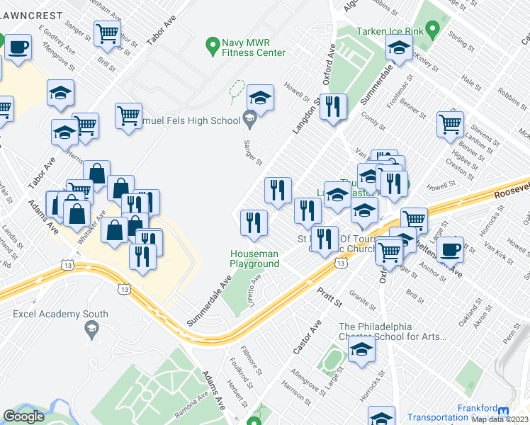 map of restaurants, bars, coffee shops, grocery stores, and more near 882 Bridge Street in Philadelphia