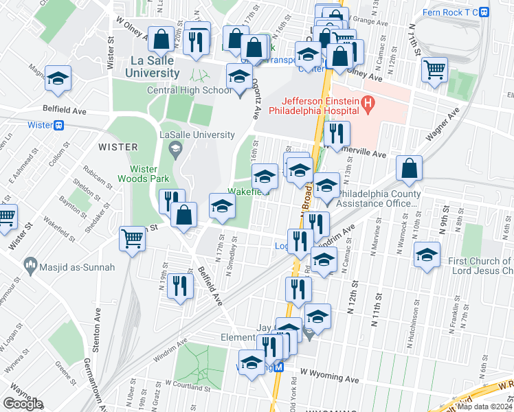 map of restaurants, bars, coffee shops, grocery stores, and more near 5145 North 16th Street in Philadelphia