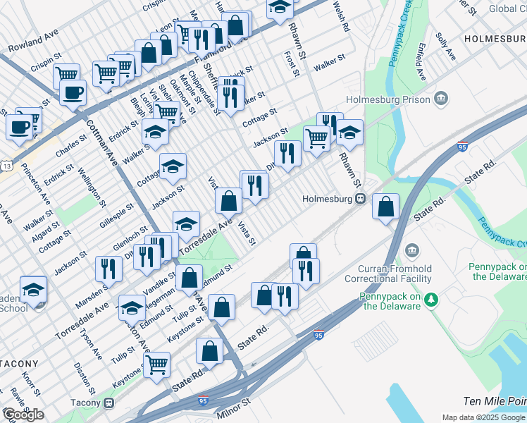 map of restaurants, bars, coffee shops, grocery stores, and more near 4721 Oakmont Street in Philadelphia