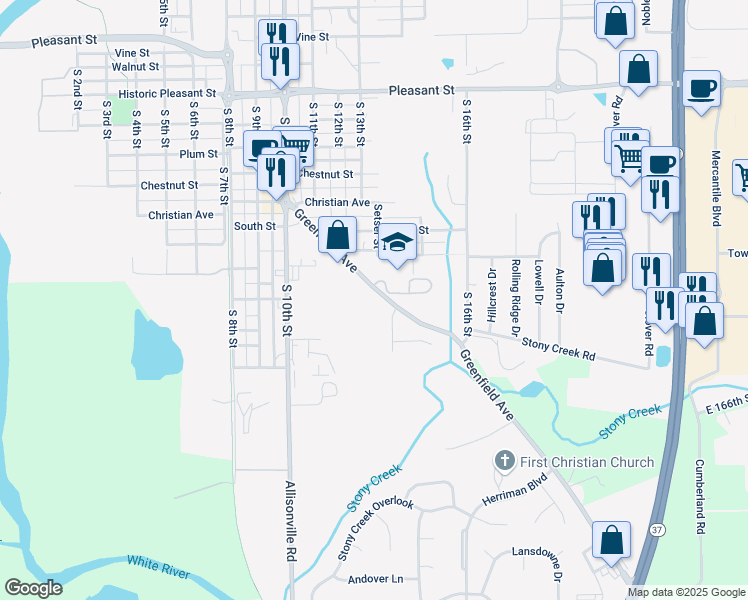 map of restaurants, bars, coffee shops, grocery stores, and more near 1435 Greenfield Avenue in Noblesville