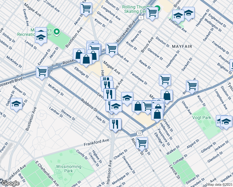 map of restaurants, bars, coffee shops, grocery stores, and more near 2911 Passmore Street in Philadelphia