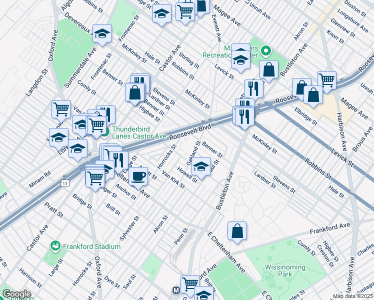 map of restaurants, bars, coffee shops, grocery stores, and more near 1533R East Comly Street in Philadelphia