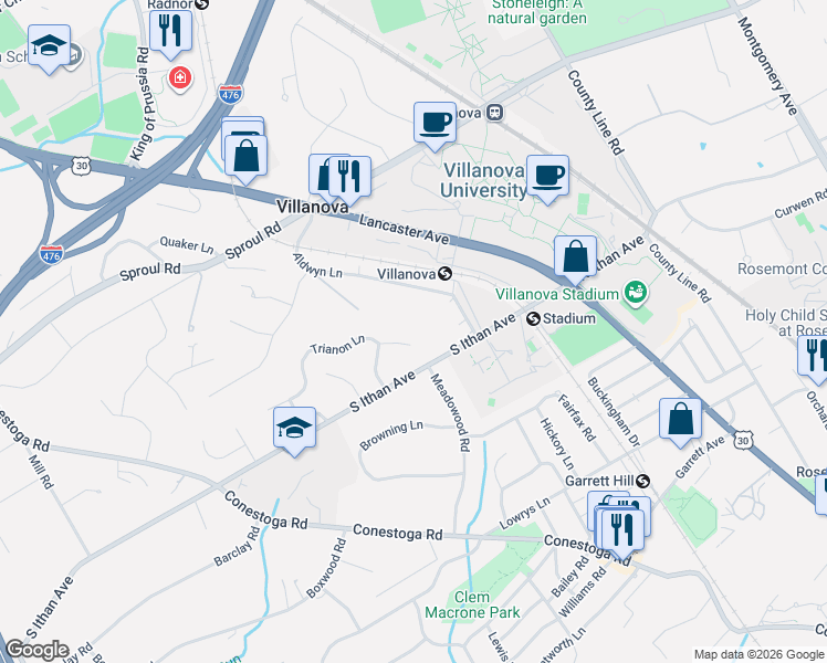 map of restaurants, bars, coffee shops, grocery stores, and more near 238 Trianon Lane in Villanova