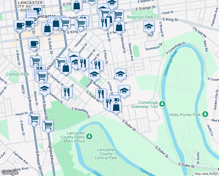 map of restaurants, bars, coffee shops, grocery stores, and more near 744 South Lime Street in Lancaster