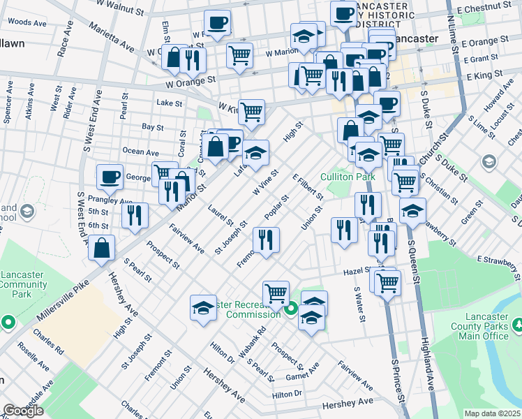 map of restaurants, bars, coffee shops, grocery stores, and more near 630 Saint Joseph Street in Lancaster
