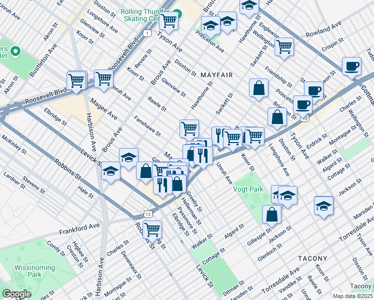 map of restaurants, bars, coffee shops, grocery stores, and more near 3201 Fanshawe Street in Philadelphia