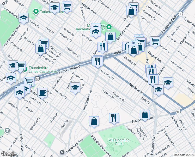 map of restaurants, bars, coffee shops, grocery stores, and more near 2013 Lardner Street in Philadelphia
