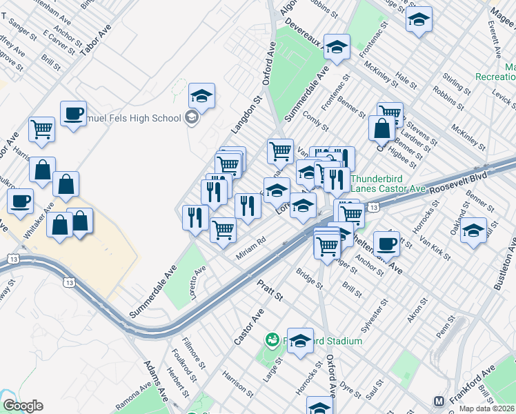 map of restaurants, bars, coffee shops, grocery stores, and more near 980 Sanger Street in Philadelphia