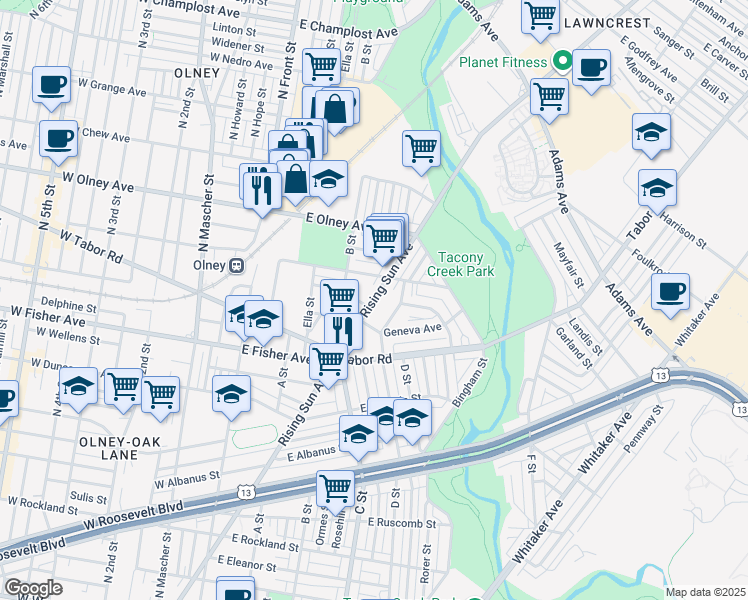 map of restaurants, bars, coffee shops, grocery stores, and more near 5401 Rising Sun Avenue in Philadelphia