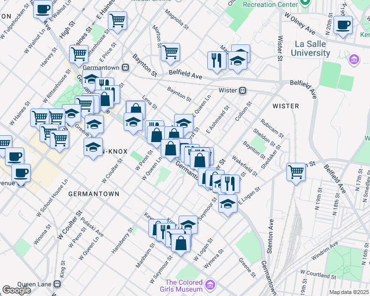 map of restaurants, bars, coffee shops, grocery stores, and more near 5213 Germantown Avenue in Philadelphia