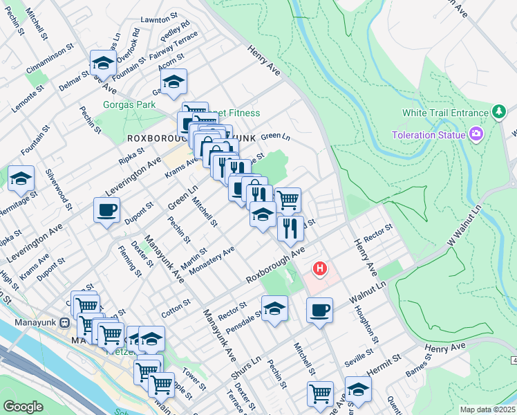 map of restaurants, bars, coffee shops, grocery stores, and more near 6001 Ridge Avenue in Philadelphia