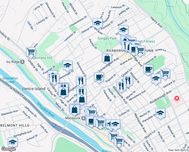 map of restaurants, bars, coffee shops, grocery stores, and more near 4582 Fleming Street in Philadelphia