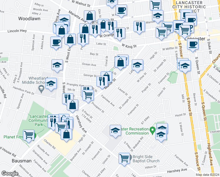 map of restaurants, bars, coffee shops, grocery stores, and more near 754 Manor Street in Lancaster