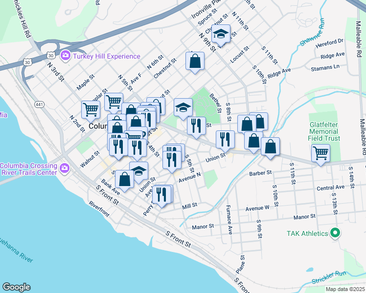 map of restaurants, bars, coffee shops, grocery stores, and more near 111 Elbow Avenue in Columbia