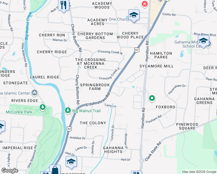 map of restaurants, bars, coffee shops, grocery stores, and more near 533 U.S. 62 in Gahanna