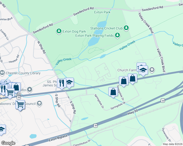 map of restaurants, bars, coffee shops, grocery stores, and more near 207 Red Leaf Lane in Exton