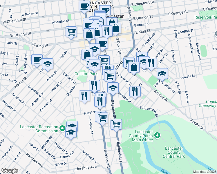map of restaurants, bars, coffee shops, grocery stores, and more near 340 South Queen Street in Lancaster