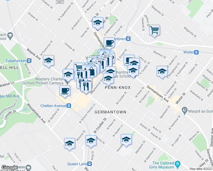 map of restaurants, bars, coffee shops, grocery stores, and more near 137 West School House Lane in Philadelphia