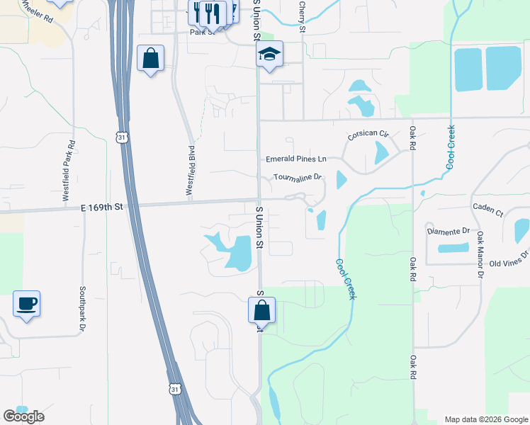 map of restaurants, bars, coffee shops, grocery stores, and more near 1001 South Union Street in Westfield